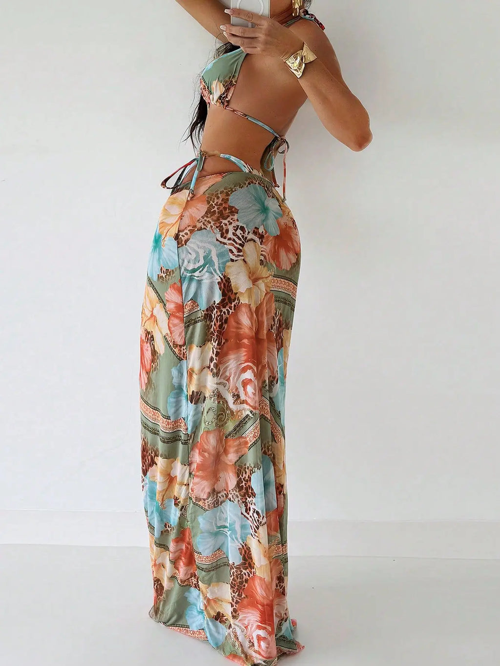 Women's Three-Piece Floral Printed Swimsuit Split Bikini Asymmetrical Jewelry Accessories Long Skirt Factory Directly Wholesale-2