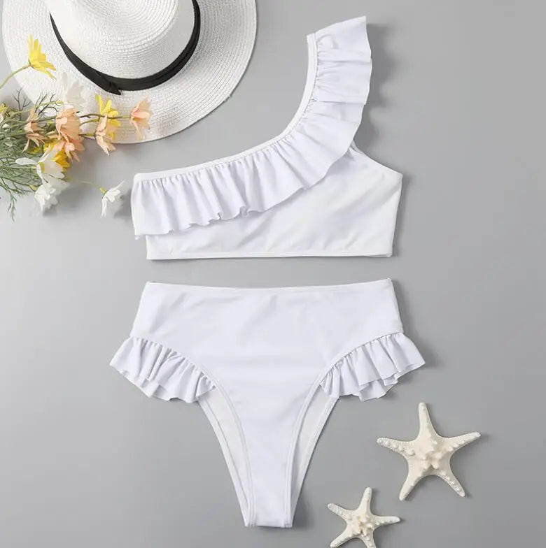 New Arrivals  3Colors One Shoulder Swimwear With Ruffle Sexy Woman High Waist Brazilian Bikini-6