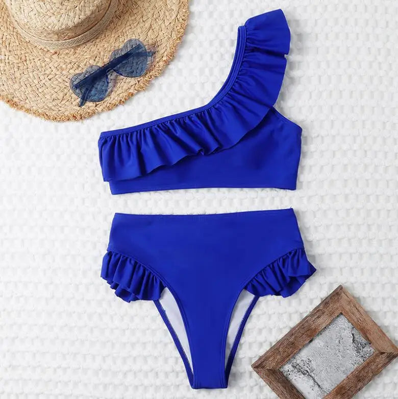 New Arrivals  3Colors One Shoulder Swimwear With Ruffle Sexy Woman High Waist Brazilian Bikini-7