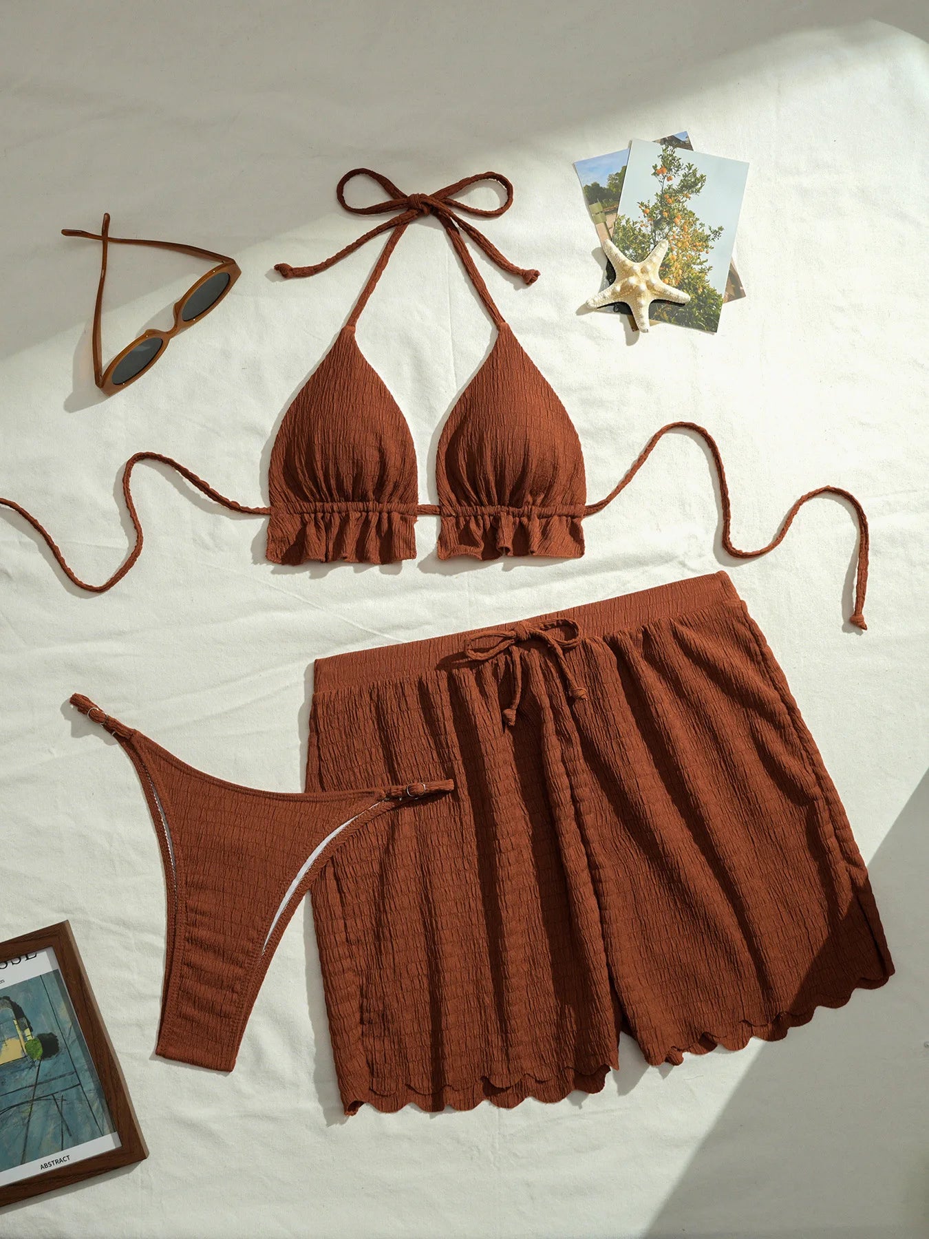 2026 Women's Brazilian Halter Ruffled 3 Piece Bikini Set with Removable Padded Shorts-9