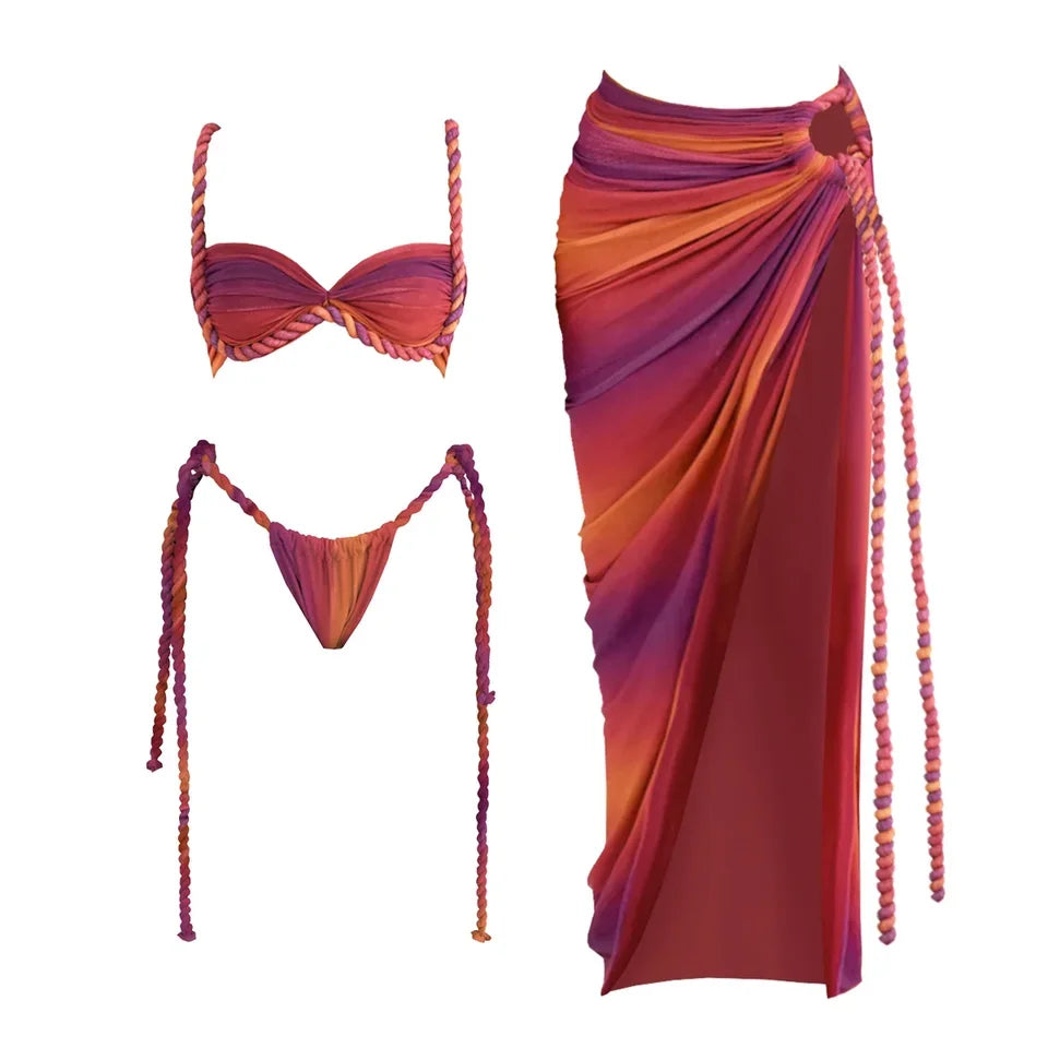 New Sexy Women Crochet Bikini Cover Swimsuit with Long Skirt Bandeau Biquini Bodysuit 1 Piece Swimwear Beachwear-0