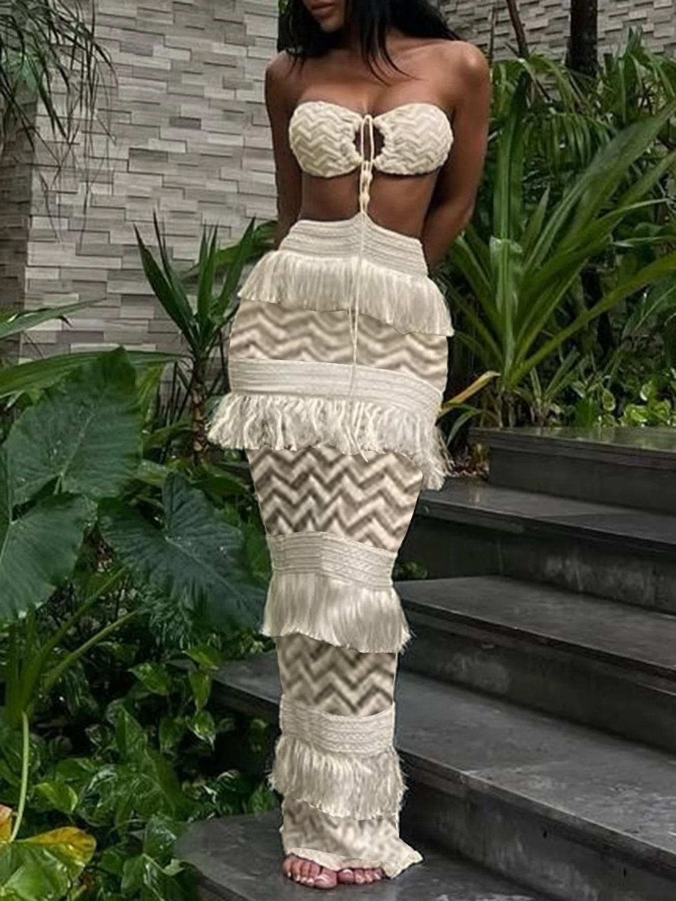 Sexy Lace Slit Slim Fit Beach Dr Pure Color Knitted Hollow Out Women's Gown Round Ne Casual Summer Ruffle Dress Backless-0