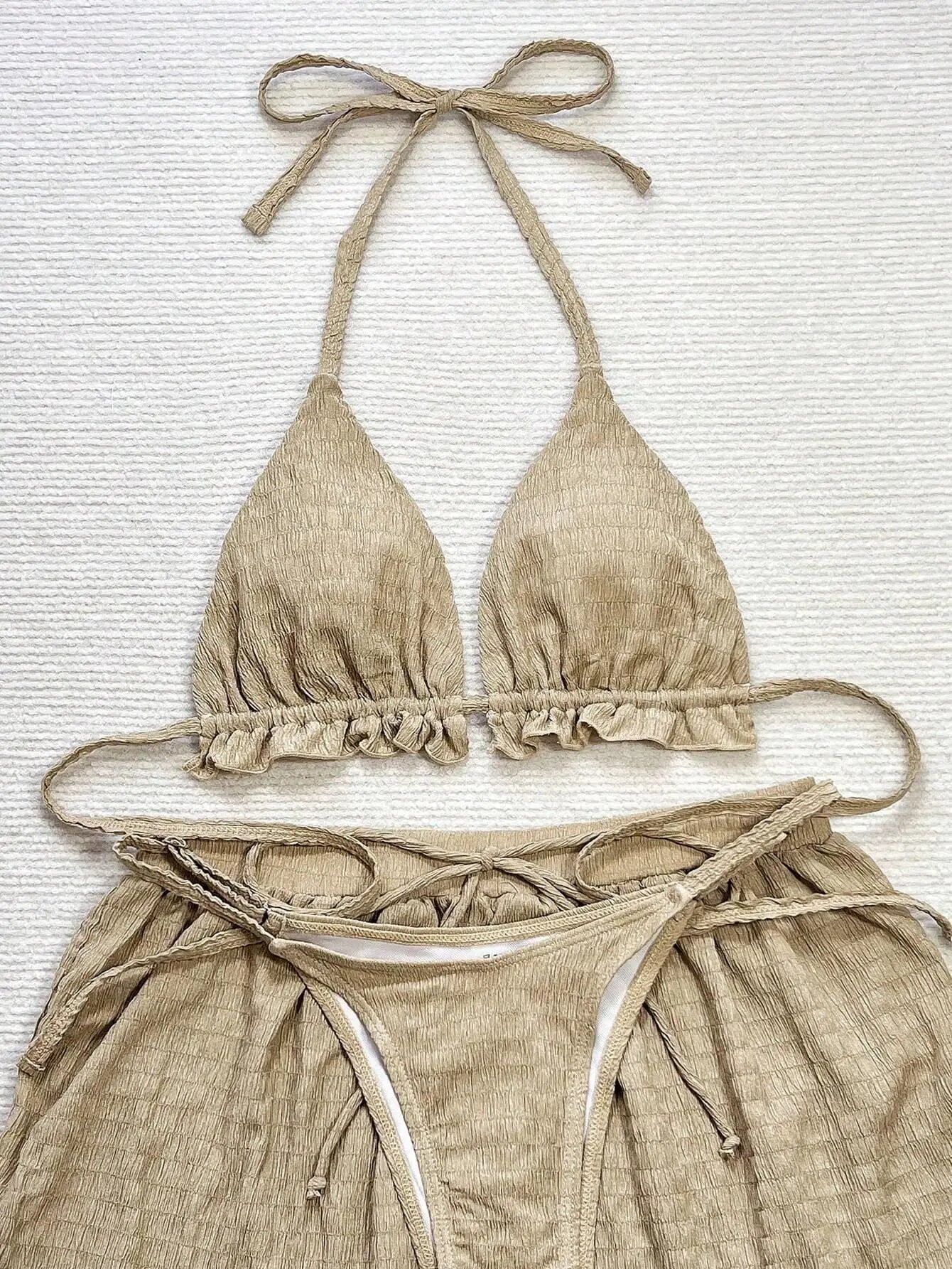 2026 Women's Brazilian Halter Ruffled 3 Piece Bikini Set with Removable Padded Shorts-3