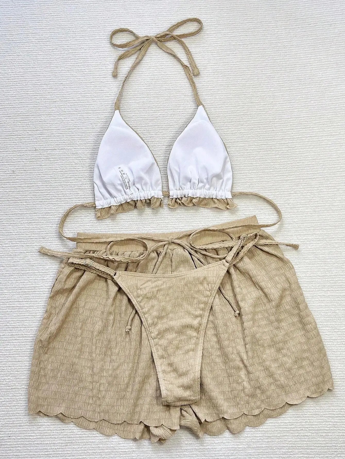 2026 Women's Brazilian Halter Ruffled 3 Piece Bikini Set with Removable Padded Shorts-2