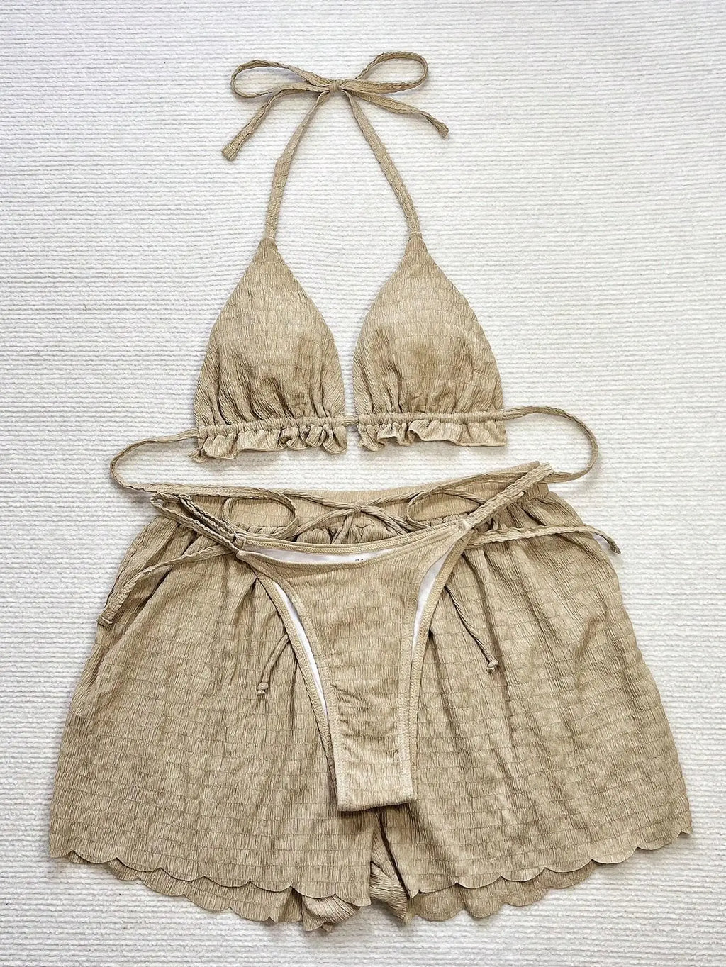 2026 Women's Brazilian Halter Ruffled 3 Piece Bikini Set with Removable Padded Shorts-4