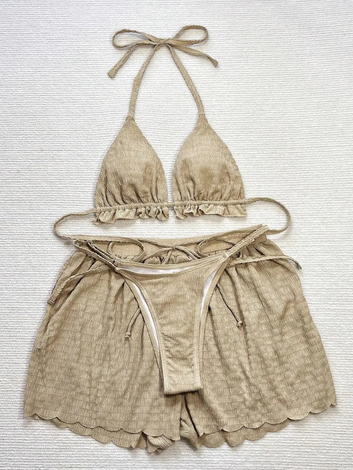 2026 Women's Brazilian Halter Ruffled 3 Piece Bikini Set with Removable Padded Shorts-4