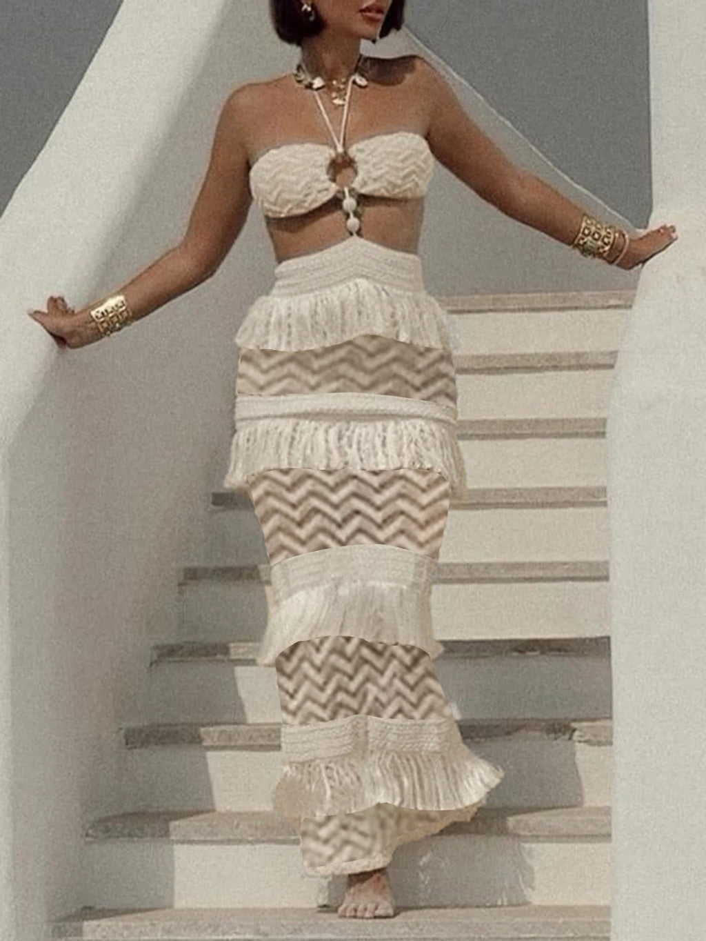 Sexy Lace Slit Slim Fit Beach Dr Pure Color Knitted Hollow Out Women's Gown Round Ne Casual Summer Ruffle Dress Backless-4