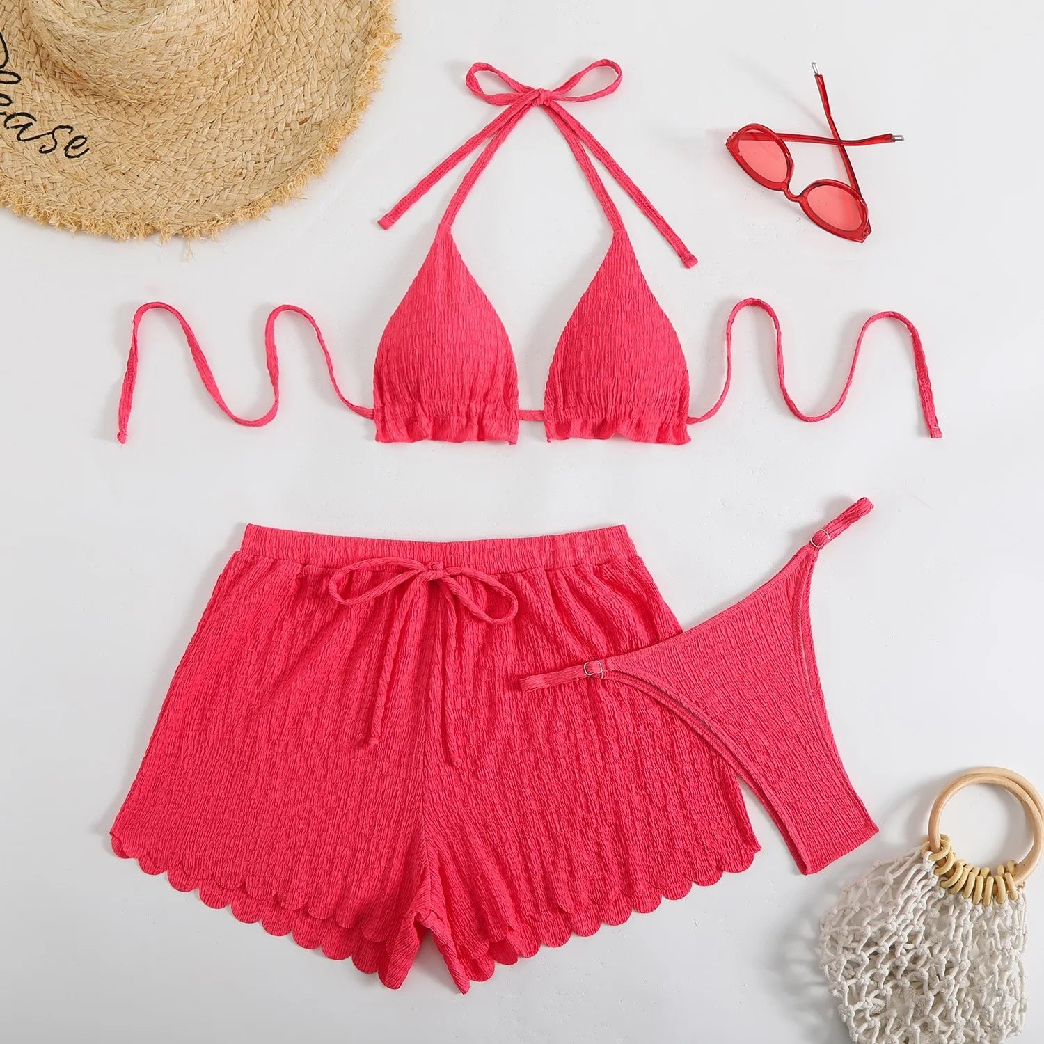 2026 Women's Brazilian Halter Ruffled 3 Piece Bikini Set with Removable Padded Shorts-6