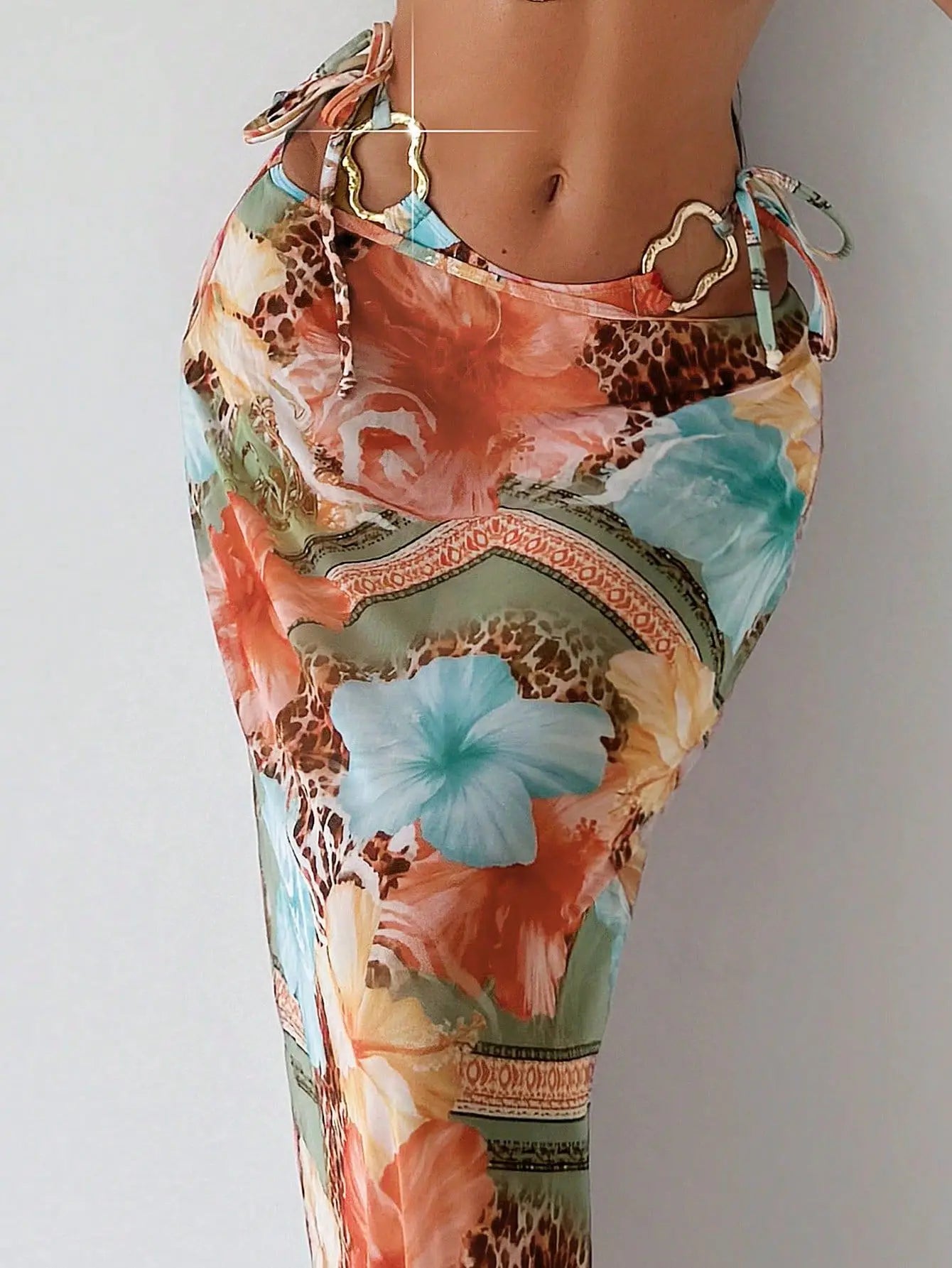 Women's Three-Piece Floral Printed Swimsuit Split Bikini Asymmetrical Jewelry Accessories Long Skirt Factory Directly Wholesale-4