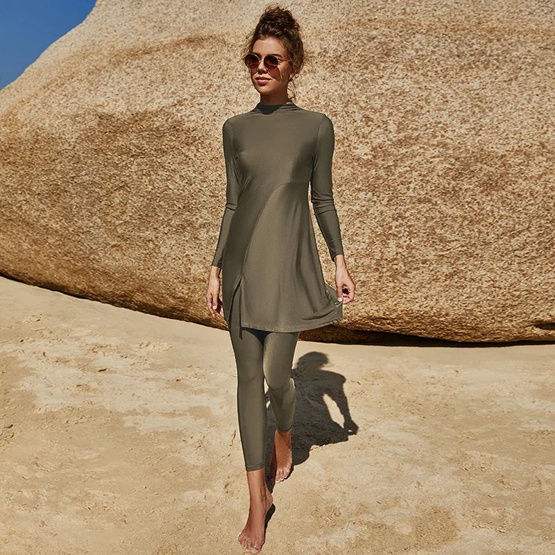 Muslim Two Piece Swimsuit Top and Pants Islamic Clothing Dropshipping Summer Solid Color Long Sleeve Women Swimwear-3